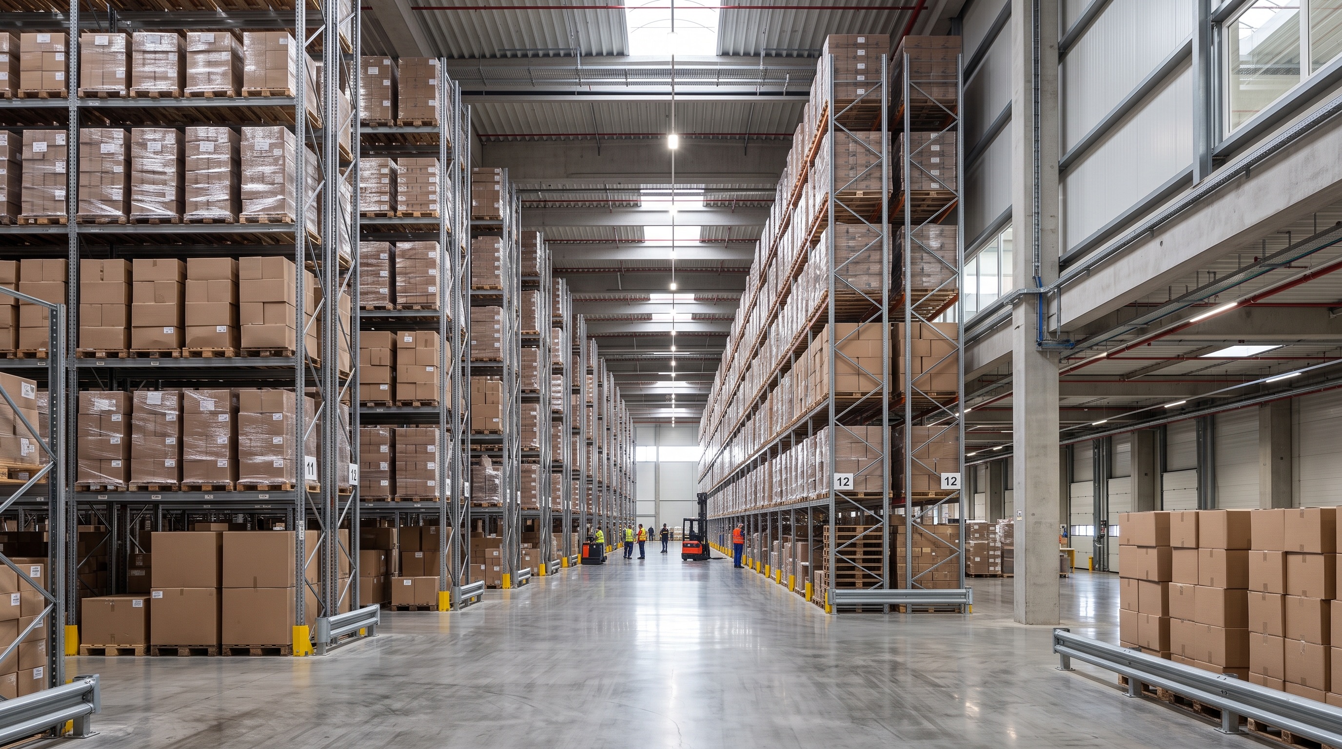 Dilek Grup deposunda raf koridorları ve forkliftler